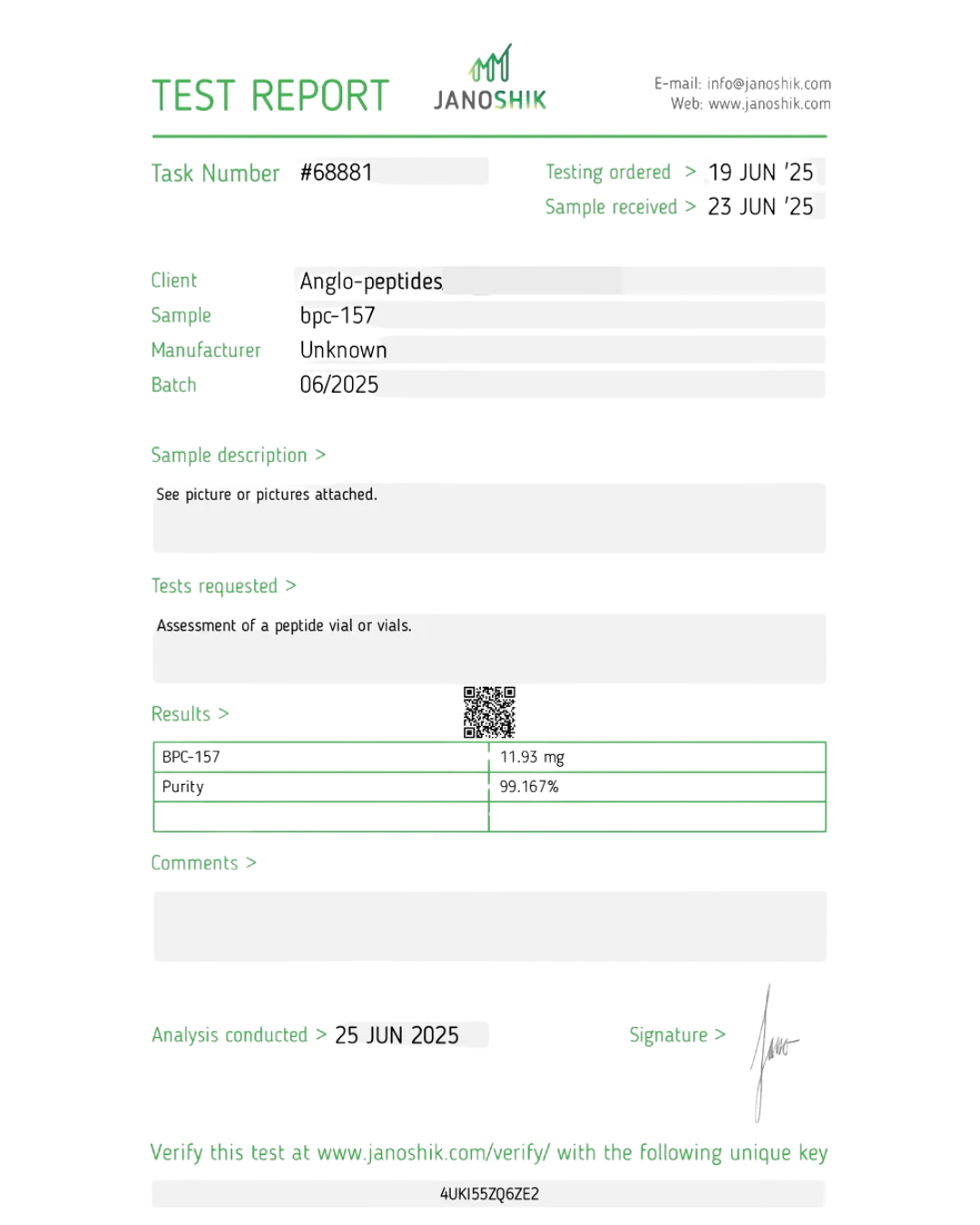 Test report for anglo-peptides BPC 10mg 