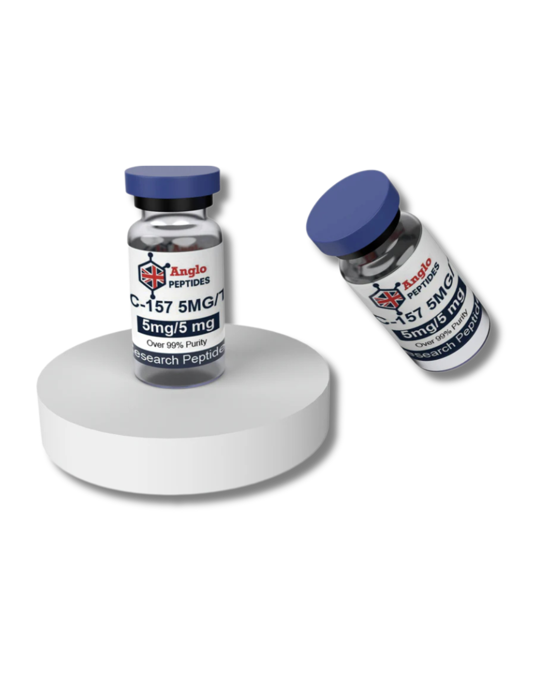 BPC-157 & TB4 Blend 5mg5mg new batch 102 Research Peptide vials displayed on a white platform.
