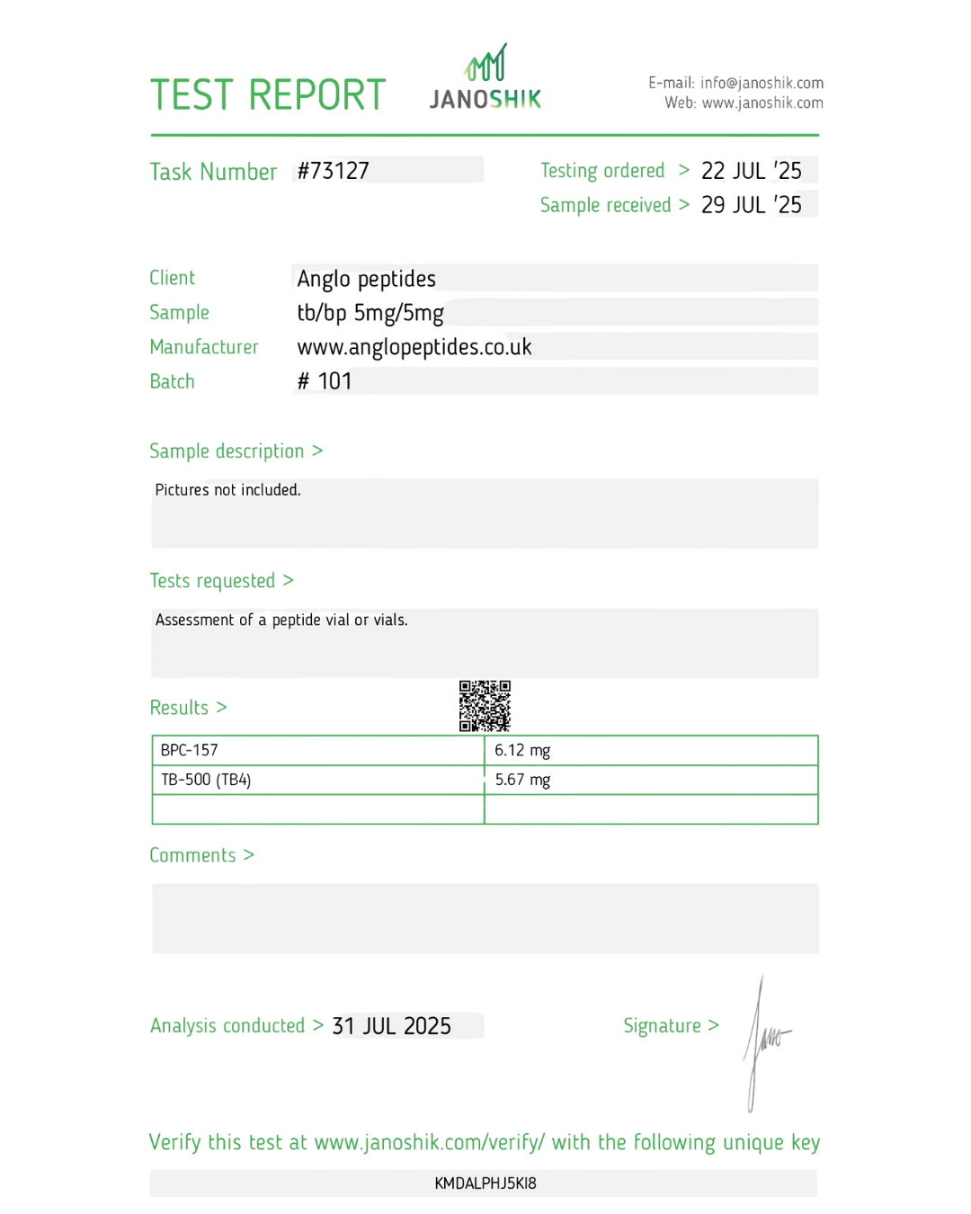 Test report document showing details and results for the analysis of vials, dated 31 JUL 2025.