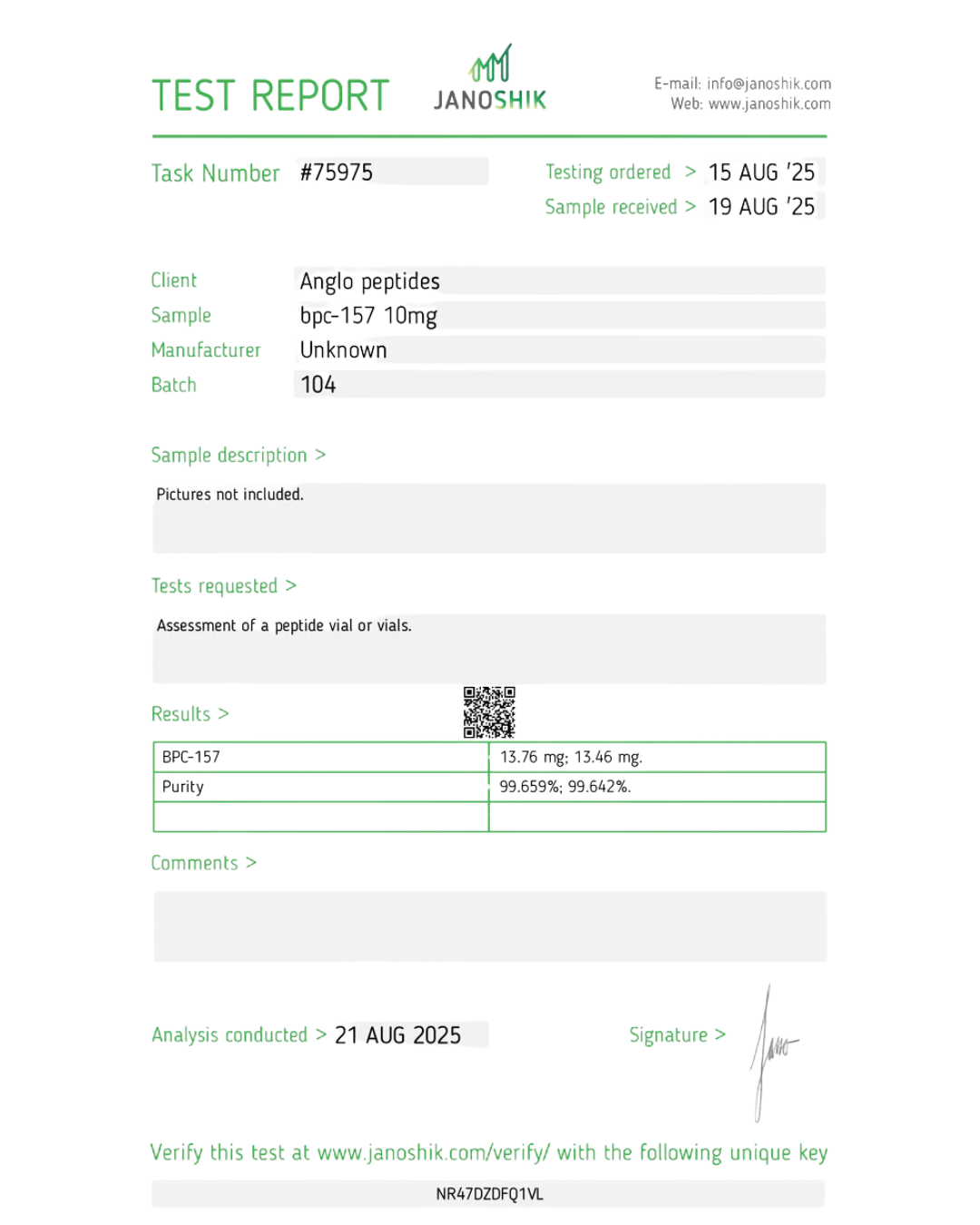 Test report for anglo peptides with client details and test results.