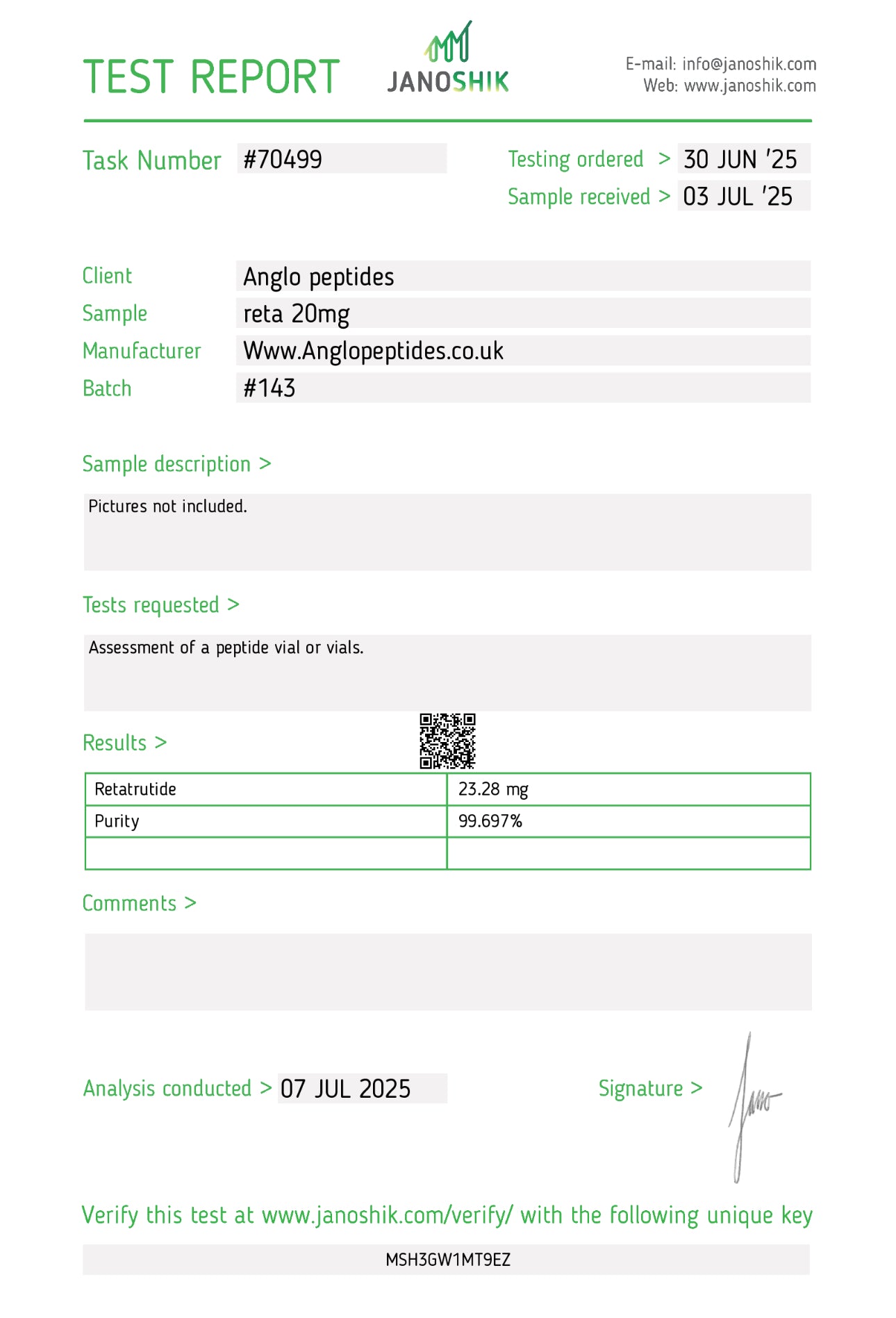 Test report for Retatrutide 20mg peptides showing results and purity details.