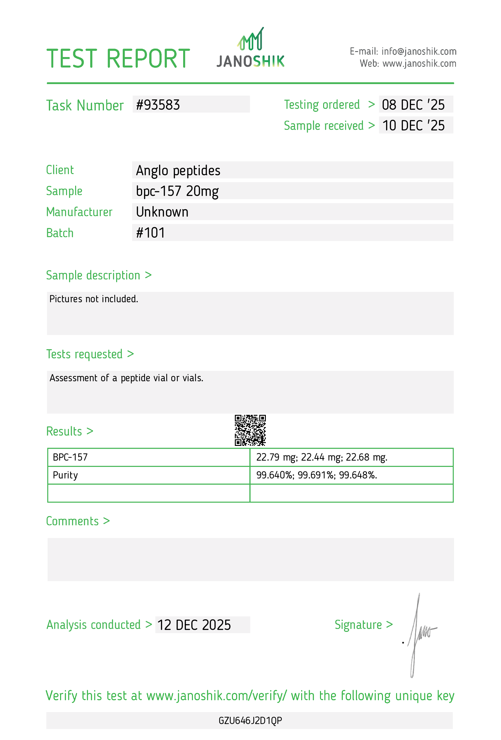 BPC-157 20mg |  BATCH 101 Research Peptide