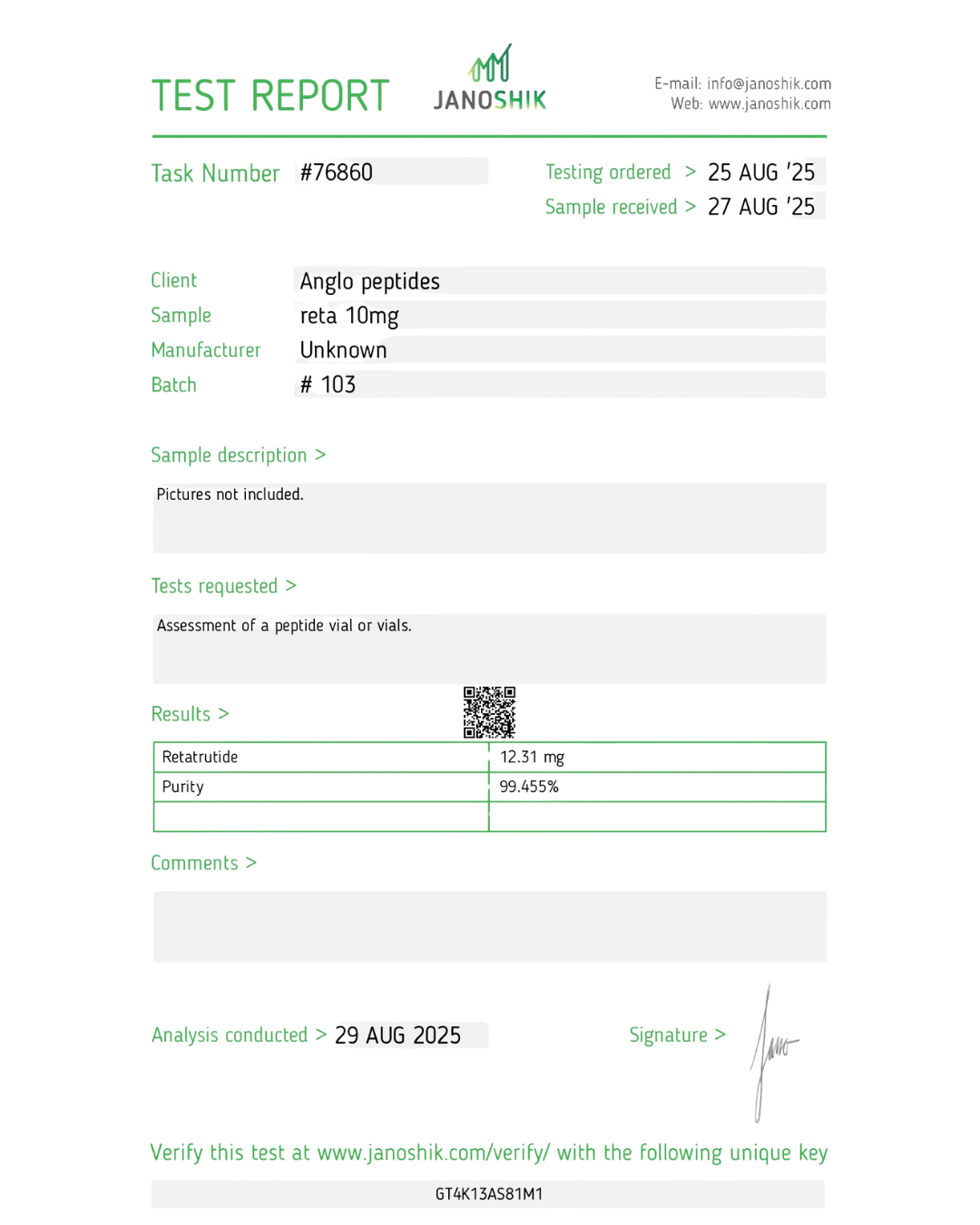 Test report for anglo peptides with client details and results - Research Peptide