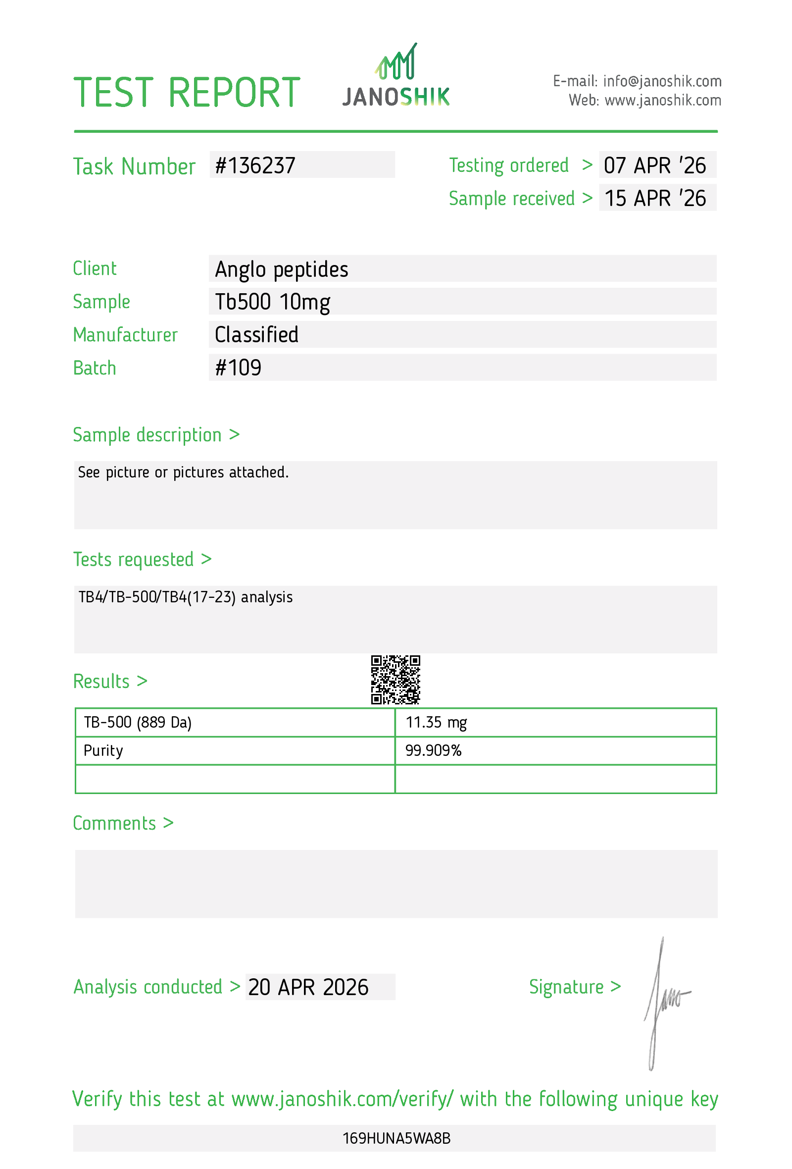 TB-500 – 10mg  Research Peptide (batch 109)